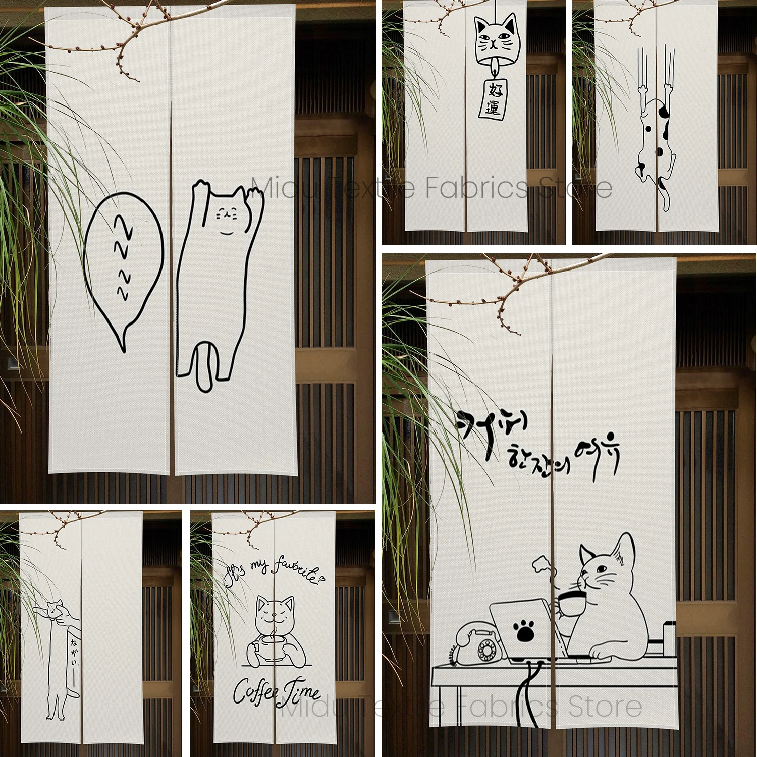 Hand Painted Cartoon Cat Japanese Door Curtain Partition Kitchen Living Room Entryway Half Curtain Noren Bathroom Doorway Decor decor curtains