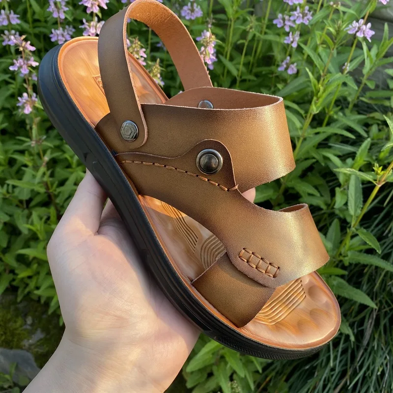 

sandals for men outdoor leather 2023 summer Men Shoes Leather Non-slip Beach Sandals Travel Slippers