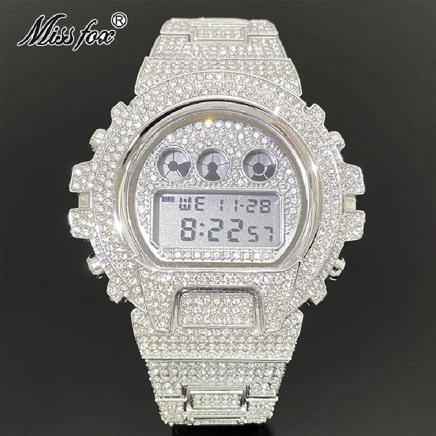 

Luxury Electronics Watch For Men Fashion Brand New Full Moissanite Digital Clock Stianless Steel Chron Jewelry Free Shipping