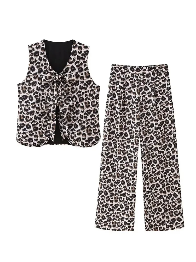 

HH TRAF женский винтажный комплект из 2 предметов с леопардовым принтом, элегантный топ без рукавов с бантом, женские повседневные широкие брюки с высокой талией