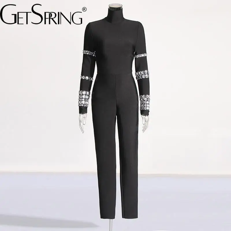 

Getspring Women Jumpsuit Diamonds Patchwork Sexy Black Jumpsuits Long Sleeves Fashion Vintage Women Rompers 2024 New