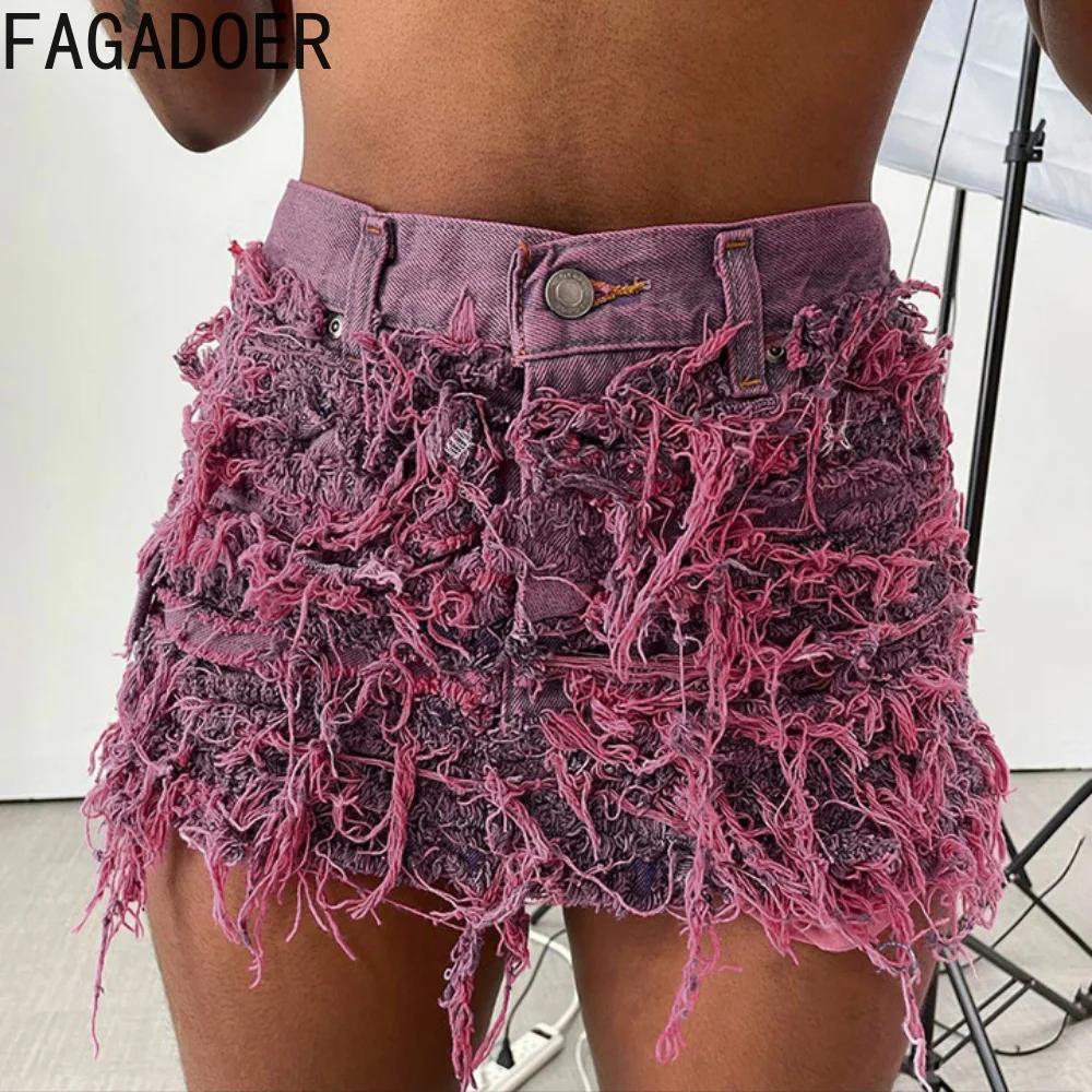 FAGADOER Fashion Streetwear Y2K Women High Waist Tassels Denim Skirts Summer Solid Color Button Bottoms Sexy Party Club Clothing