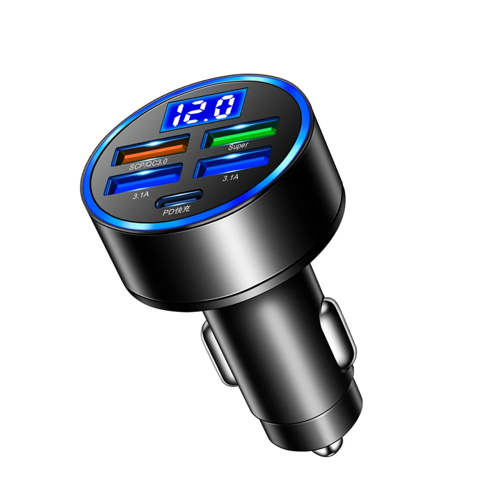 LED 디지털 디스플레이 차량용 충전기 어댑터, 5 포트, 15W, 전원 콘센트, 전압 감지, 휴대폰 태블릿용