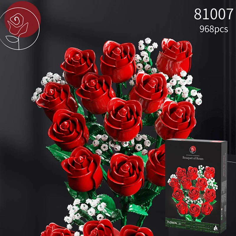 968PC Romantic Rose Flower Bouquet Building Blocks Creative Home Desk Plant Decoration Assemble Bricks Toys For Gifts Girls Lady 5