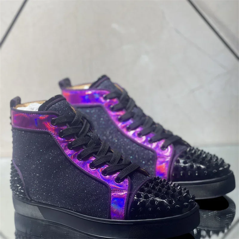 

Luxury Designer Purple Crystal Leather Red Bottoms High Tops Rivets Shoes For Men's Casual Flats Loafers Women's Spikes Sneakers