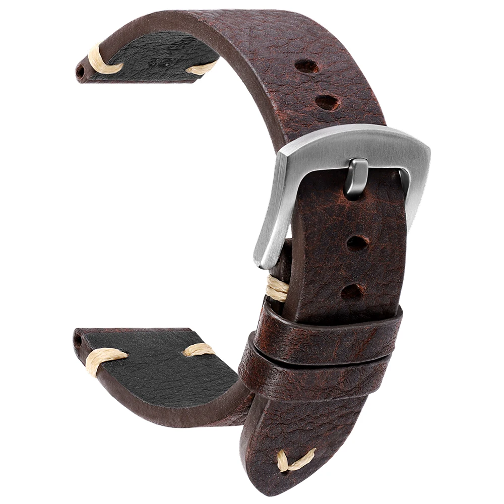 Vintage Genuine Cowhide Leather Watch Band with Handmade Stitching