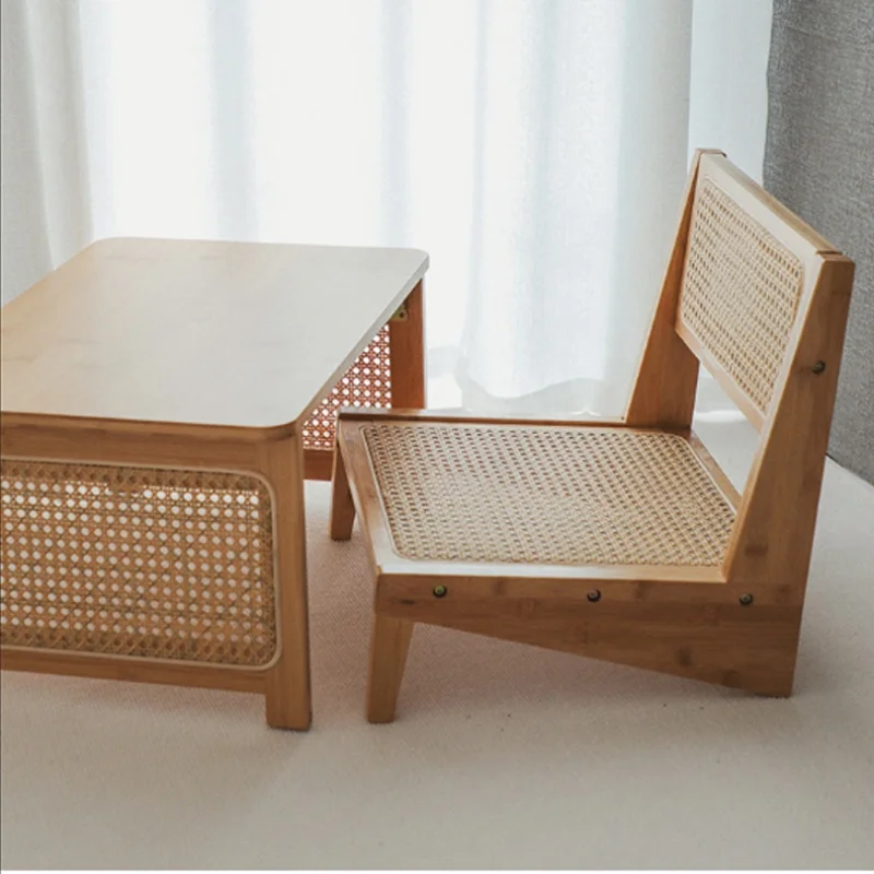 Bamboo&Rattan Floor Chair Mid Century Modern Accent Chair Armless Reading Side Living Room Furniture Bamboo Frame