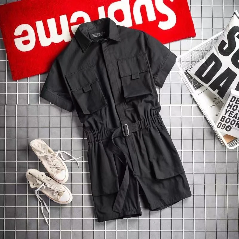 2024 Summer New Men's Japanese Short sleeved Shorts jumpsuit Set Trendy Retro Work Style jumpsuit Loose Set Ultra Thin Ice Silk 4
