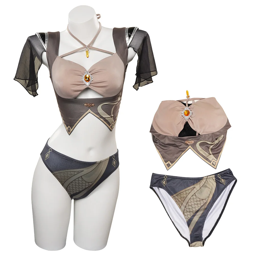 

Zhongli Cosplay Costume Game Genshin Impact Female Girls Summer Bikini Split Swimsuit Halloween Carnival Party Disguise Swimwear