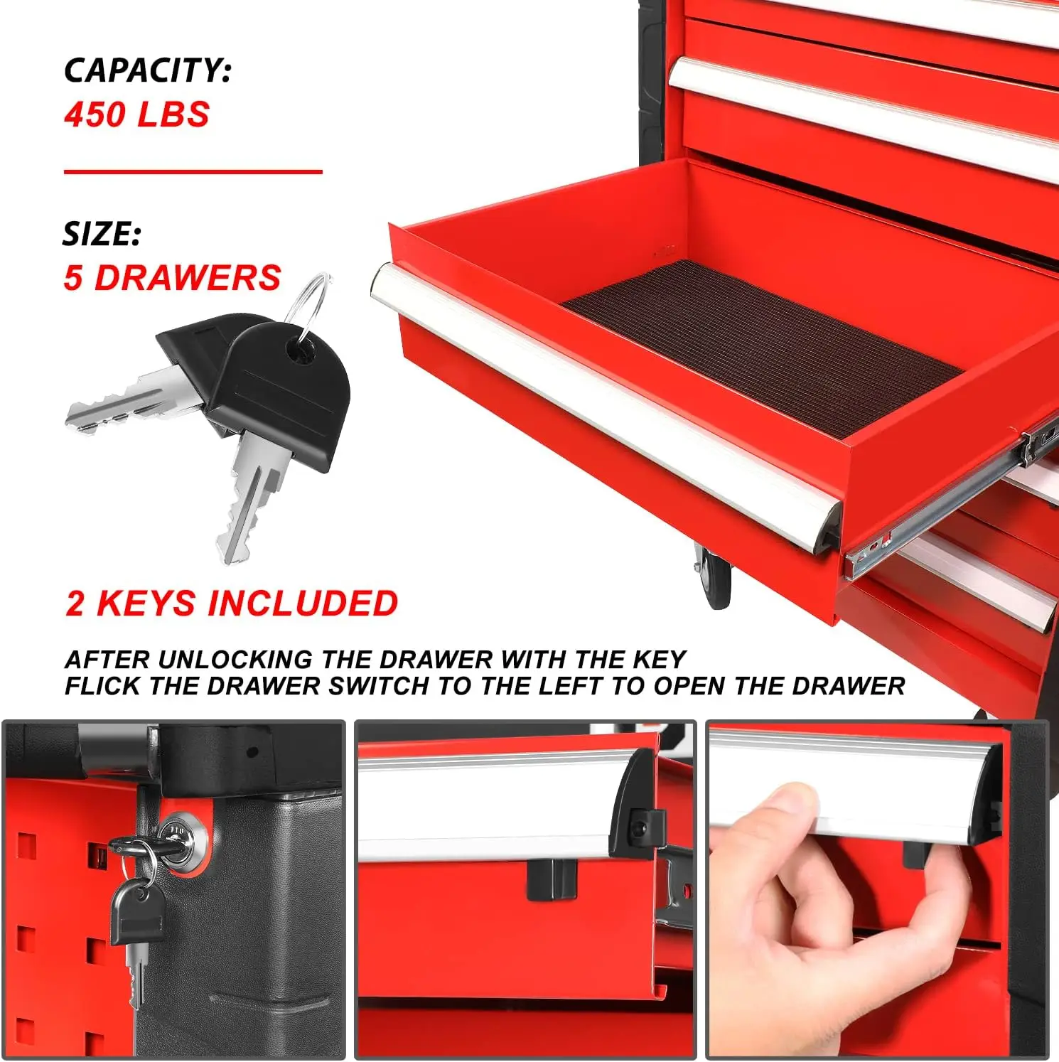 30.5" L X 18" W X 38" H 5-Drawer Lockable Slide Tool Chest Rolling Tool Cart Cabinet (TOOLS-00001)with Keys  Red Upgrade Package 5
