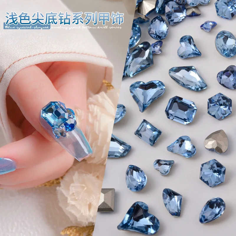 8 Pcs 3D Pointed Back Nail Rhinestones Nail Charms,Shiny Blue Heart Flower  Nail Gems Crystals Nail Charm Mix Rectangular Droplet Glass Crystal Nail