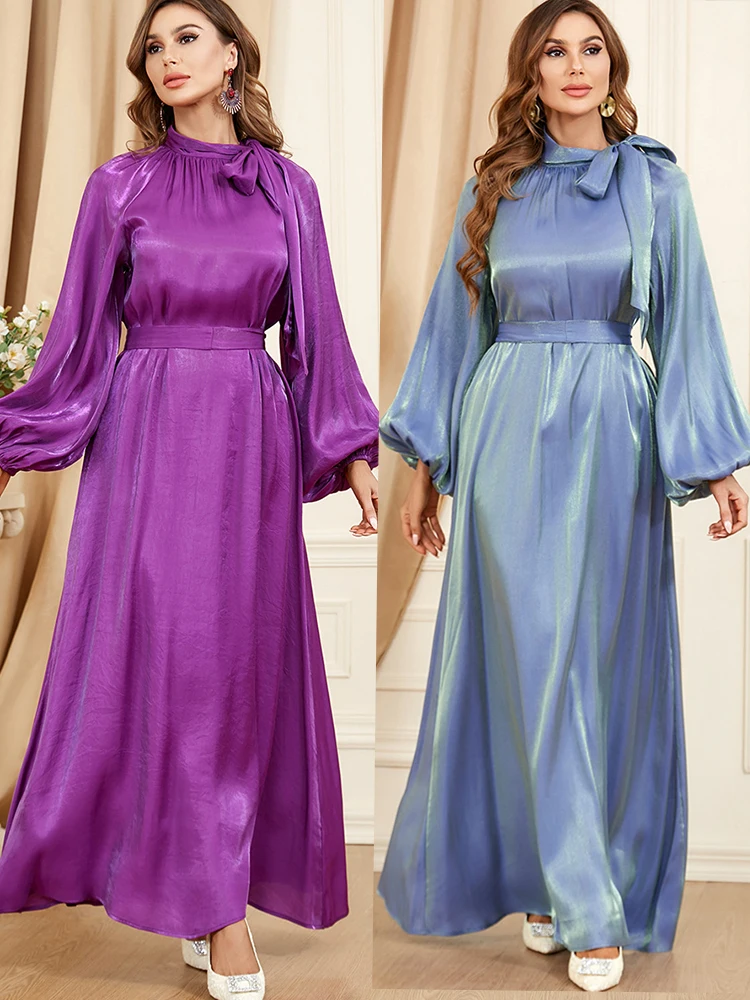 

Eid Party Dress Muslim Women Ramadan Abaya Lantern Sleeve Lace-up Dubai Islam Robe Caftan Marocain Kaftan Femme Vestidos 2023