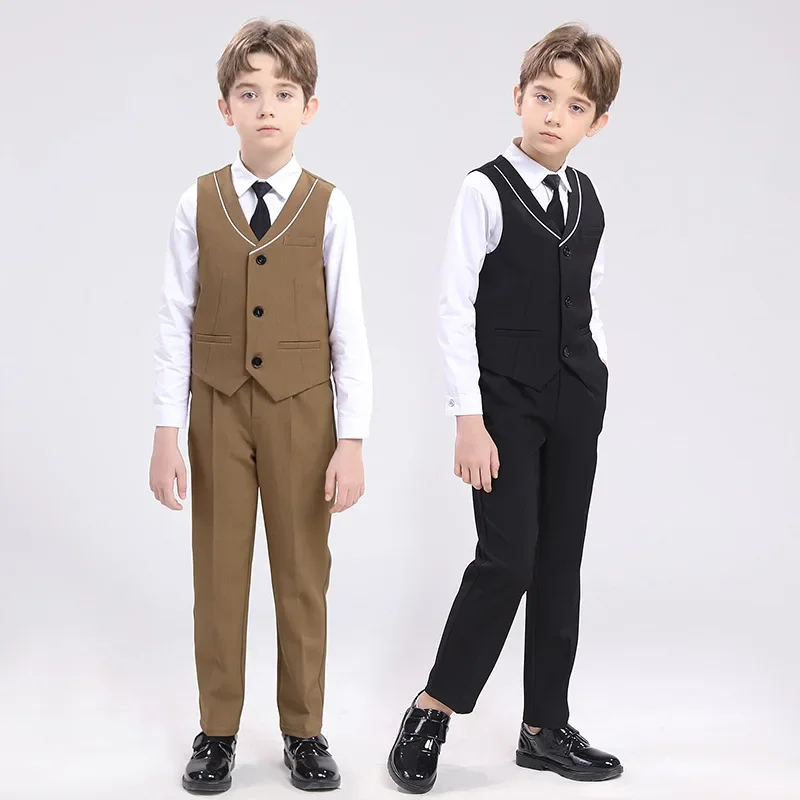 

Boys Black Brown Slim Fit Suits Formal Wear Children Teenager Best man Host Performance Clothes Kids Students Party Full Dress