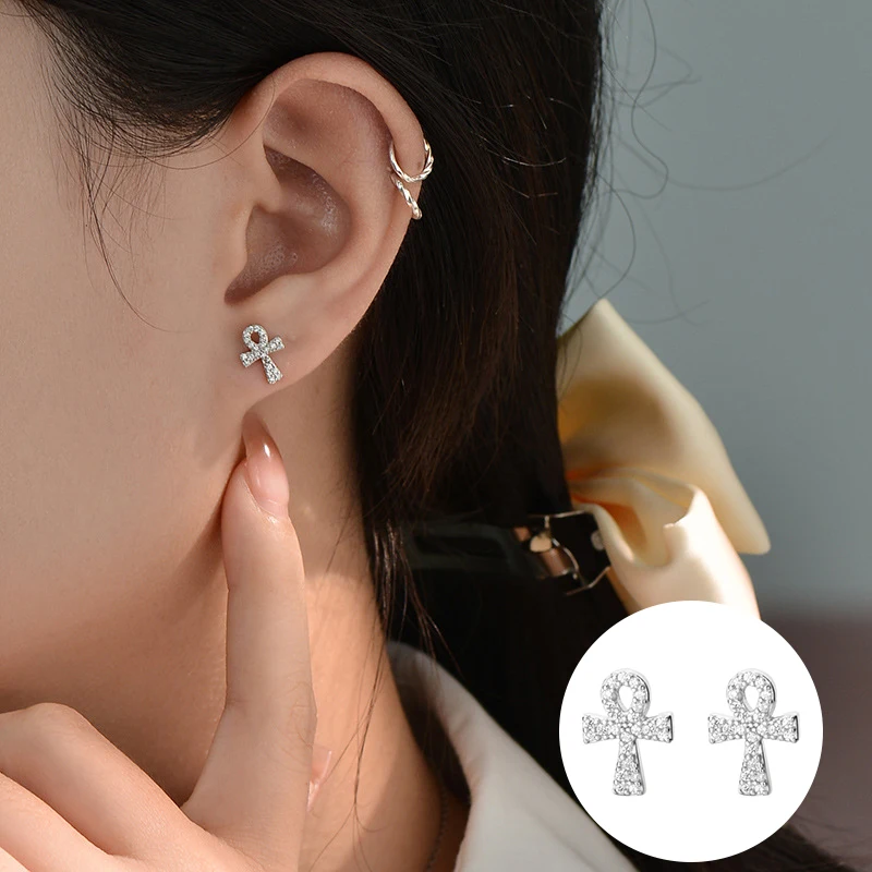

100% 925 Sterling Silver Zircon Cross Earrings for Women Girl Fashion Simple The Ankh Design Jewelry Birthday Gift Dropshipping