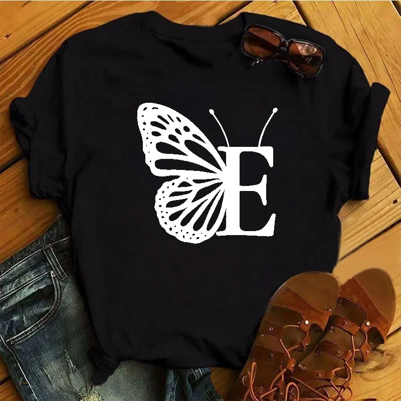 

Women's T Shirt New O-neck Women's Tops Letter A Butterfly Print Women's Tops Customizable Patterns Women Tops