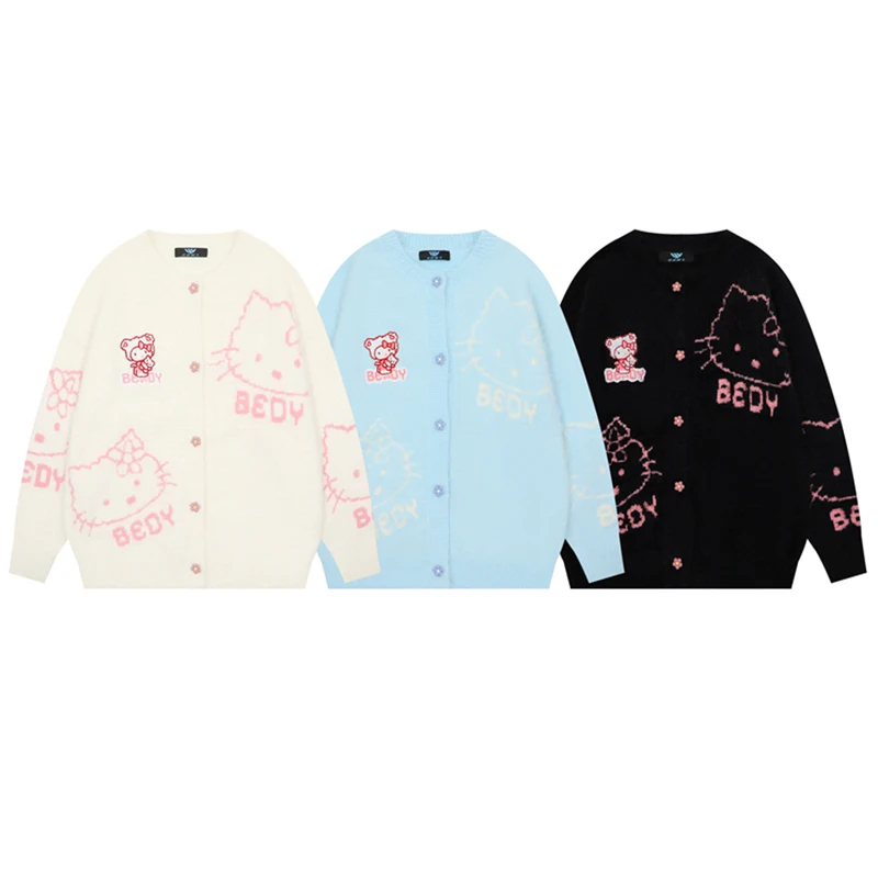 

Hellokitty Knitted Cardigan Sweater Anime Cartoon Cute Sanrio Autumn Winter Women Loose Casual Comfortable Plush Knitted Jacket