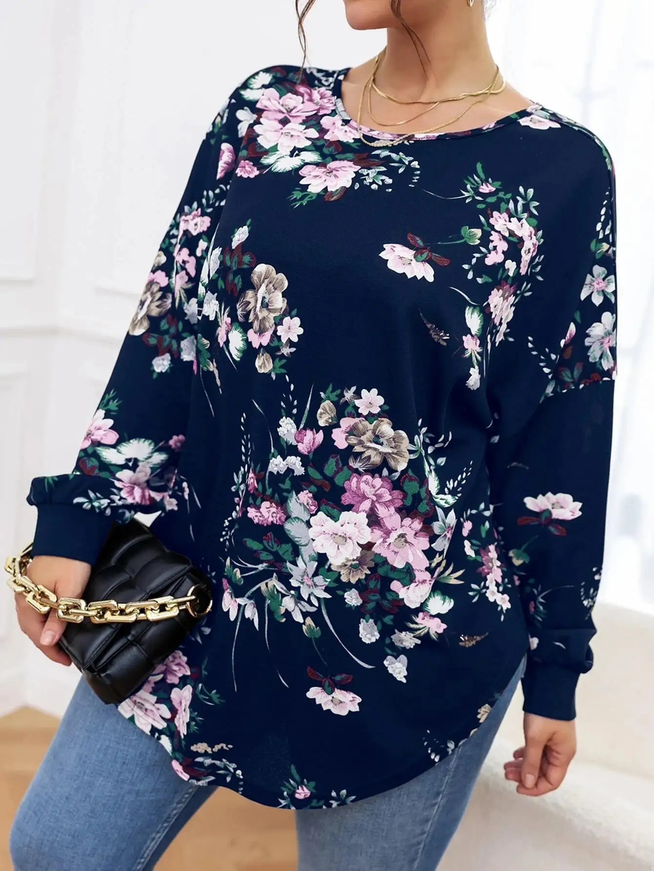 Finjani Cut Out Crisscross Back Print Blouse For Women's Crew-Neck Long Sleeves Casual Sexy Tops Plus Size Women 2023