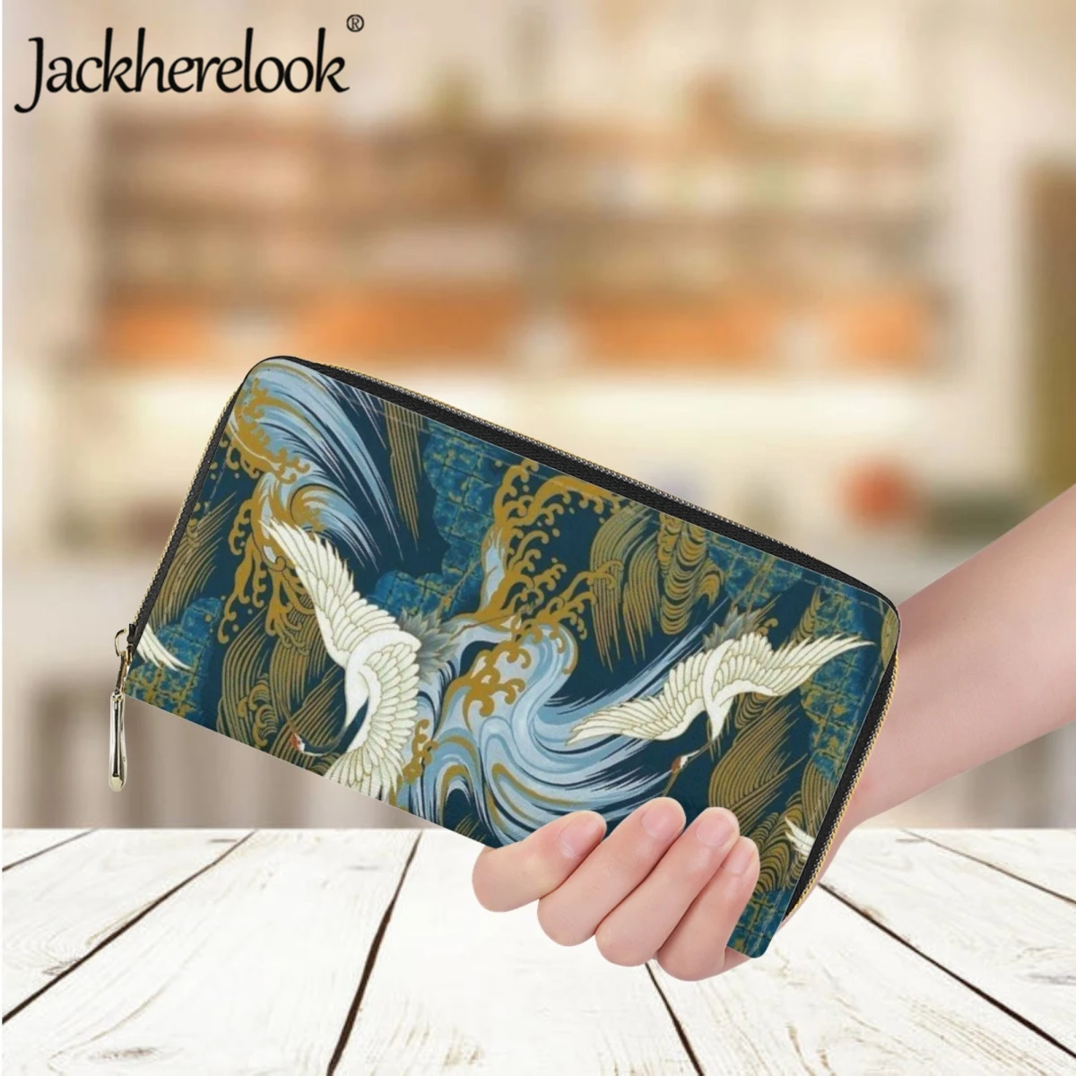 Jackherelook Women's Wallet Fashion Japanese Style Animal Crane Pattern Printing Long Leather Card Holder Teen Girls Coin Purse