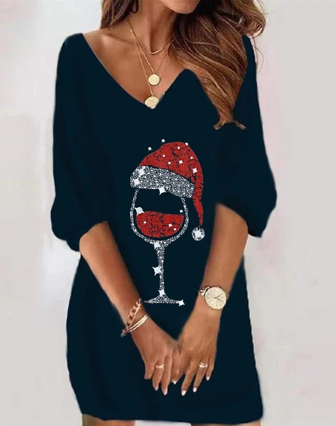 

Лидер продаж 2023, женское новое популярное повседневное модное рождественское платье с рисунком винного бокала