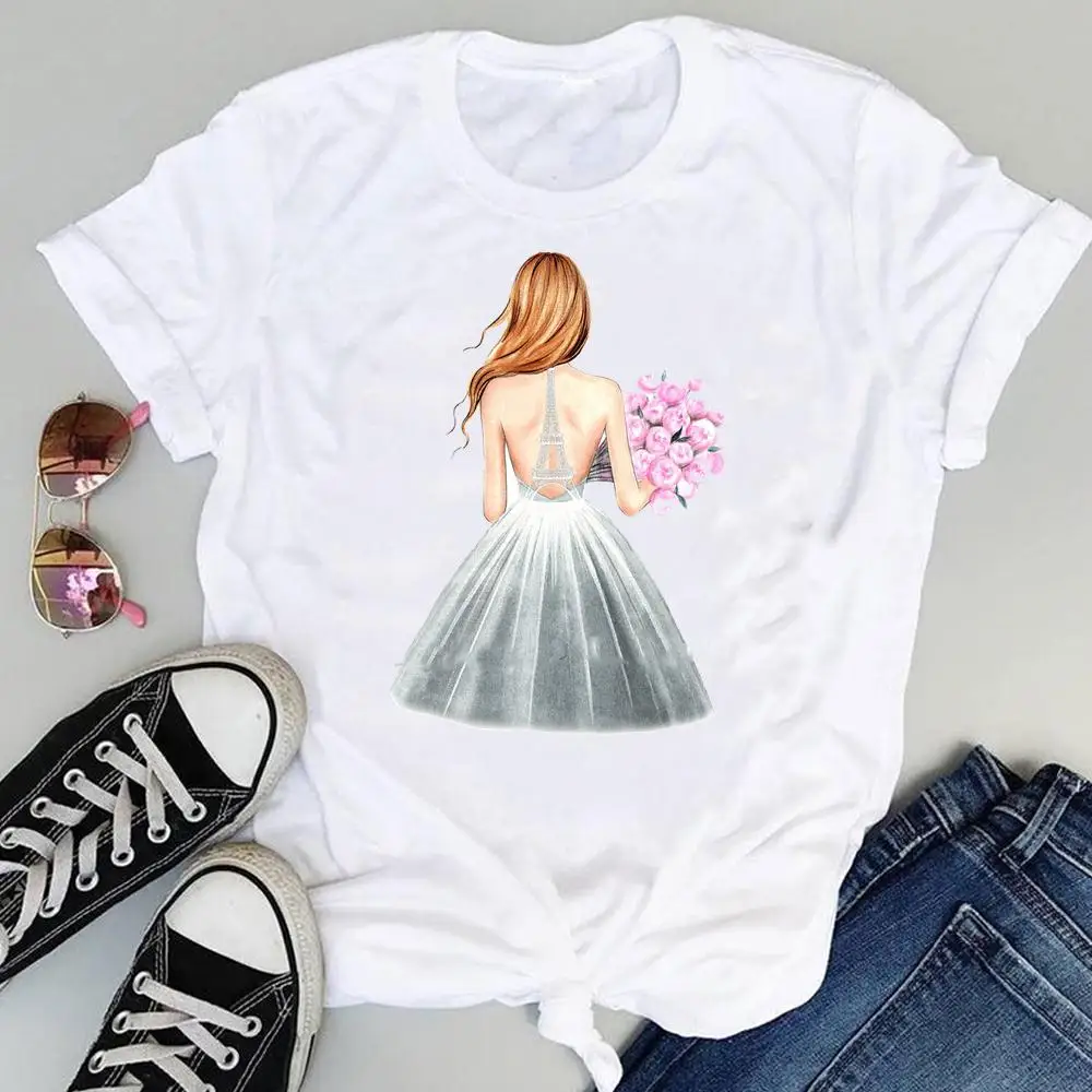 

T-shirt Women Beautiful girl iron tower skirt Print Graphic Ladies Tee shirt Fashion Cartoon Kawaii Clothing female T Shirt Tops