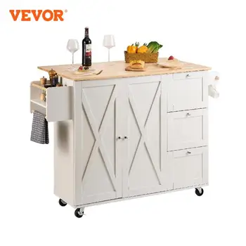 VEVOR 2-Door 1/2 3-Drawer White Mobile Kitchen Island Rubber Wood Desktop Rolling Kitchen Cart with Wheels for Home Bar Storage 1