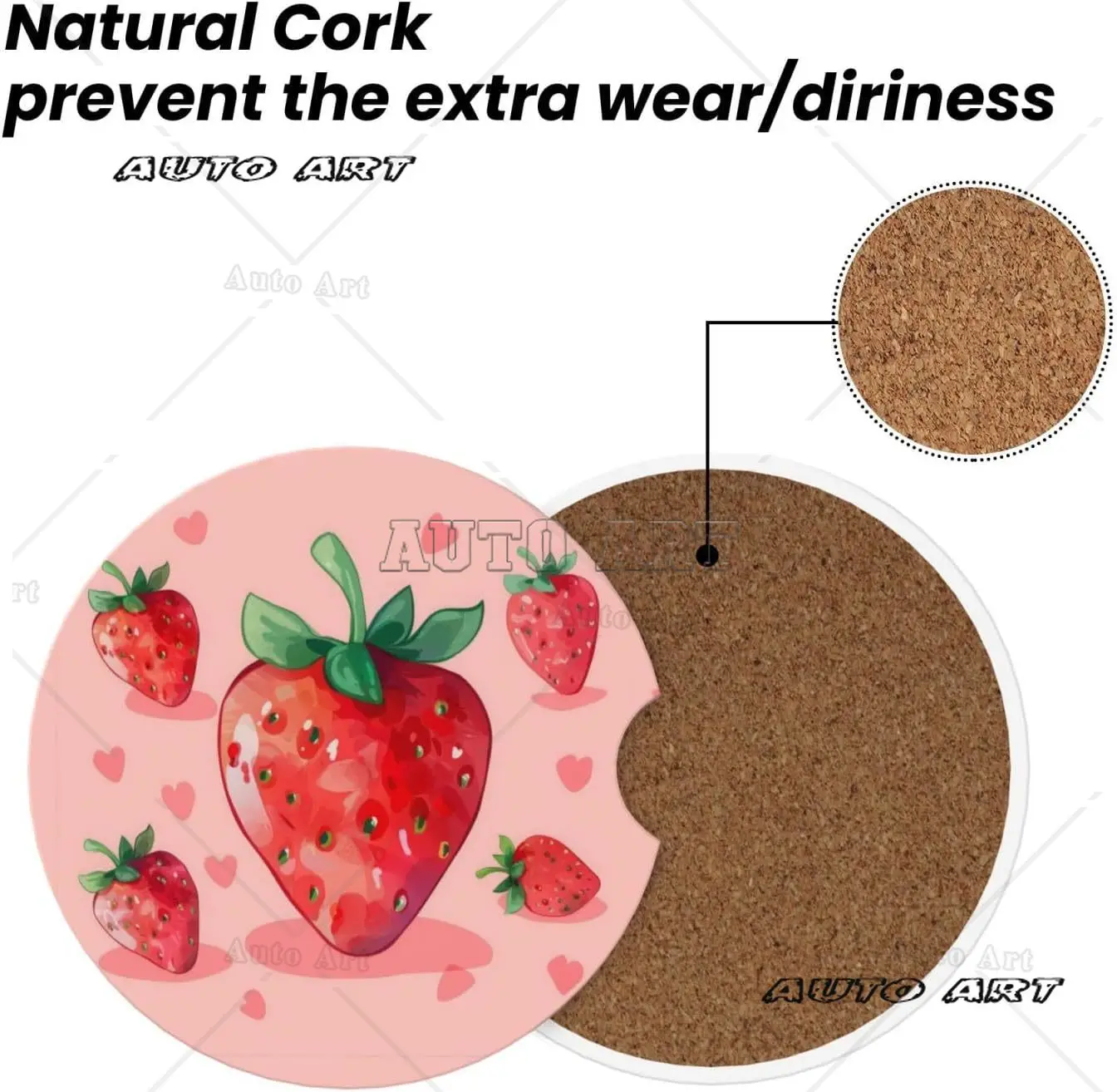 2 Pack Strawberry Cute Red Print Car Cup Holder Coaster Anti Slip Insert Ceramic Coaster with Cork Base and Finger Notch