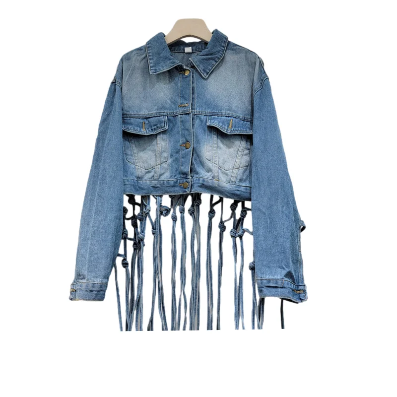 

Vintage Blue Back Weave Hollow Out Tassels Denim Jacket Women Loose Short Cowboy Outerwear Korean Big Pocket Jeans Jacket Female