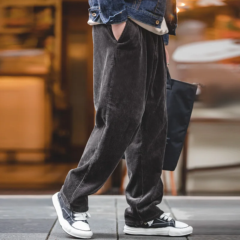 Maden Vintage Loose Corduroy Pants Wide Leg Mid Waist Striped Velvet Straight Leg Pants Men's Autumn Cargo Pants 6