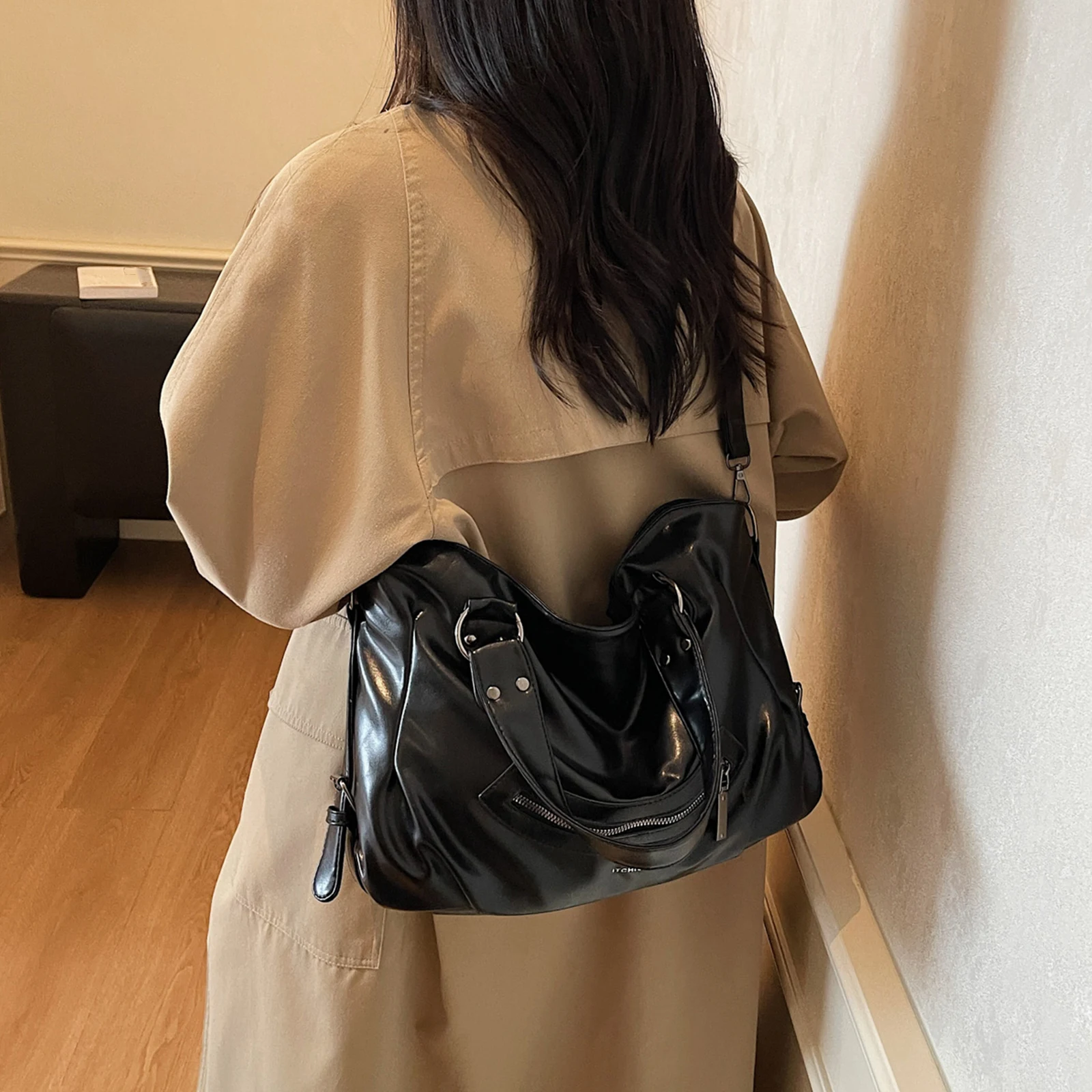 Retro Motorcycle Underarm Purse PU Top Handle Satchel Purse Large Hobo Handbag Solid Color for Women Daily Use Special Occasion