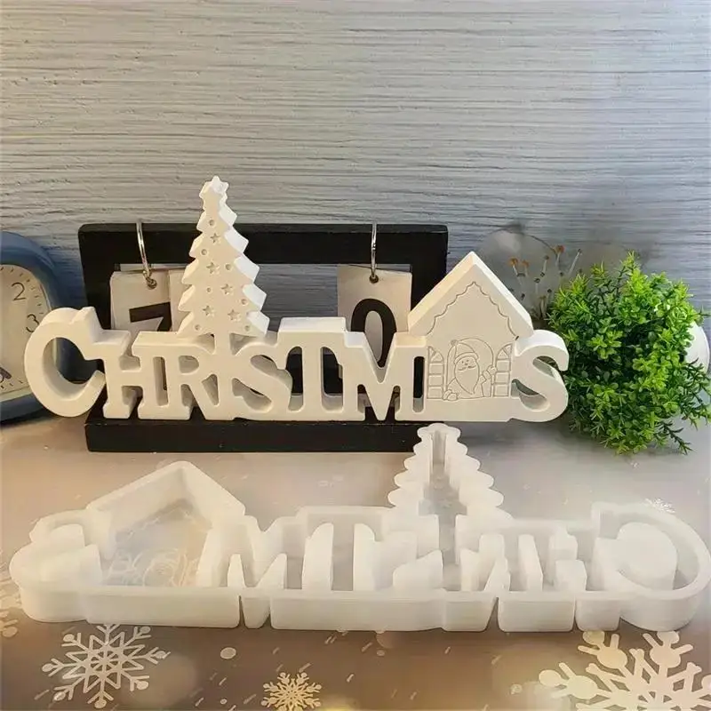 New Christmas English Letter Ornament Decoration Cement Gypsum Mold DIY Silicone Mold Christmas Atmosphere Decoration Wholesale