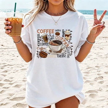 Women's Coffee Graphic Tee Print T-Shirt Casual Short Sleeve Tops Trend Women Fashion Clothing Graphic T-shirts Clothes Lady Tee