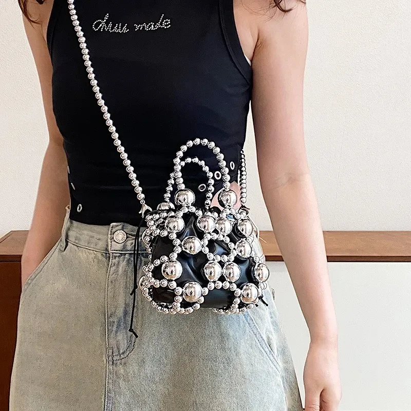 Chic Mini Pearl Bags for Women Trend 2024 Summer Fairy Style Cute Bucket Handbag Party Fashion Woven Hollow Shoulder Bag Woman