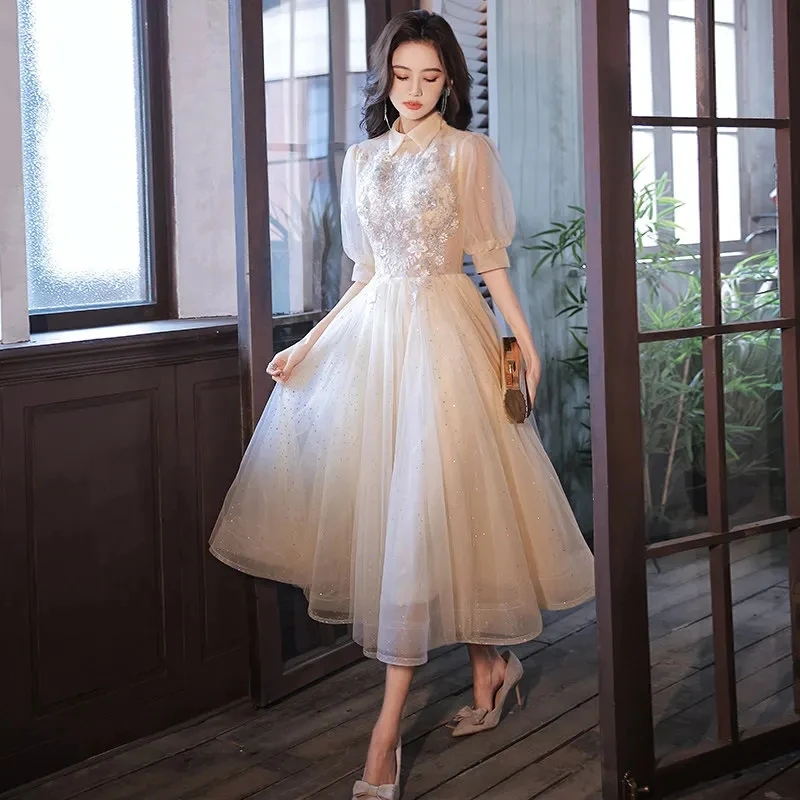 

Evening Dress Champagne Beading Appliques High Collar illusion Half Sleeves A-line Tea-length Plus size Women Party Formal Gown