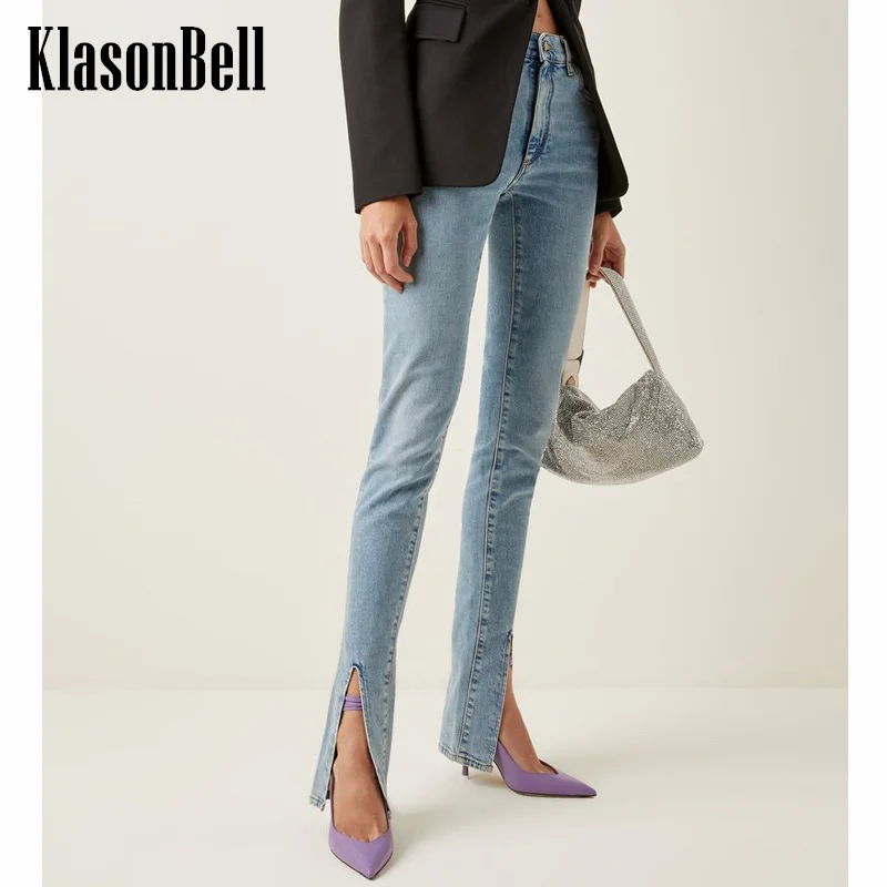 

1.21 KlasonBell Fashion Versatile Back Letter Embroidery Slim Hem Split Pencil Pants Women Cotton Washed Skinny Jeans