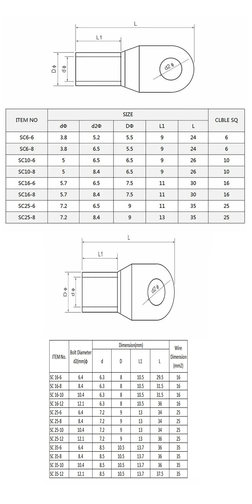 Description Picture 2 of item5PCS/10PCS 6~35mm2 Crimp Terminal Wire Welding Cable Connector Kit Bolt Hole Tinned Cable Lugs
