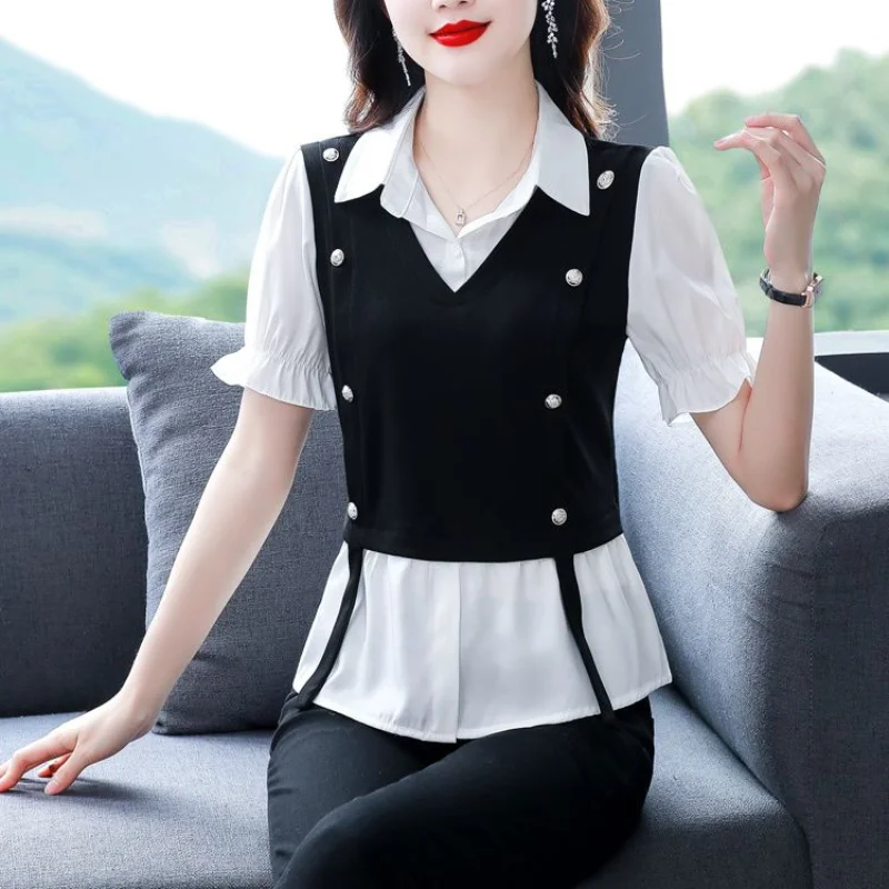 2023 Summer New Temperament Versatile Women's Top Korean Version Fashion Button Polo Neck Short Sleeve Casual Commuter Shirt