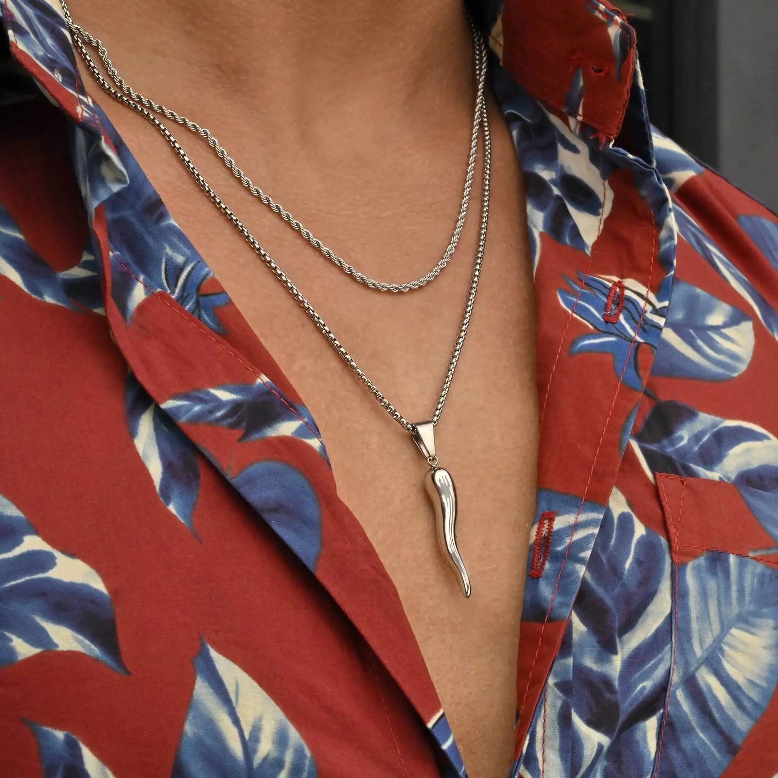 Stacked Italian Horn Necklace for Men Boys,Stainless Steel Chili Pendant Necklaces,Stylish Classic Jewelry Gifts