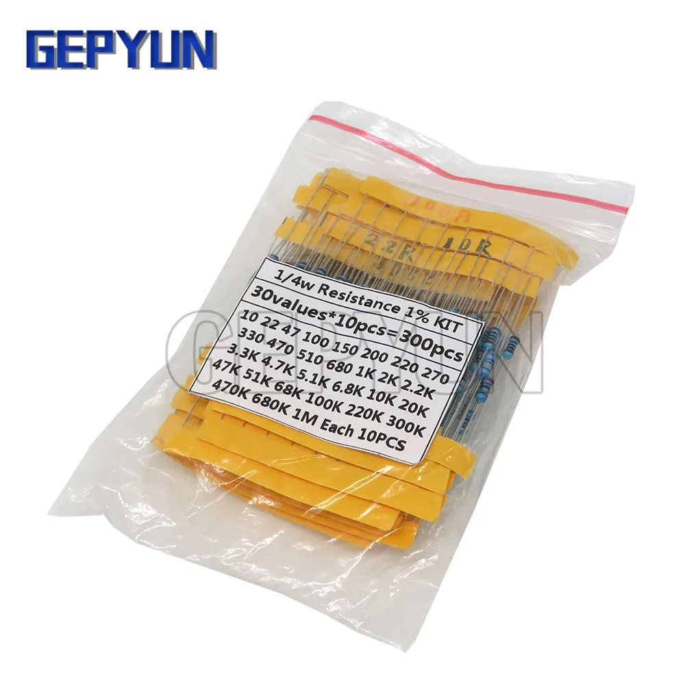 

300pcs 1/4W Metal Film Resistor Kit 1% Resistor Assorted Kit Set 10 -1M Ohm 30values X10pcs Resistance Pack