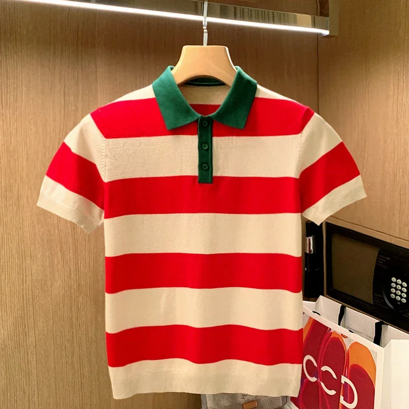 

Мужская трикотажная рубашка-поло с коротким рукавом, в полоску