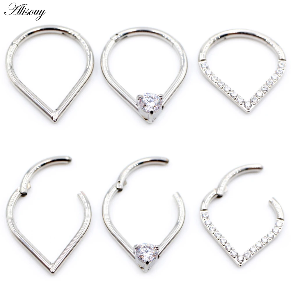 Alisouy1PCStainlessSteelHeartWaterDropZirconHingedClickerNose