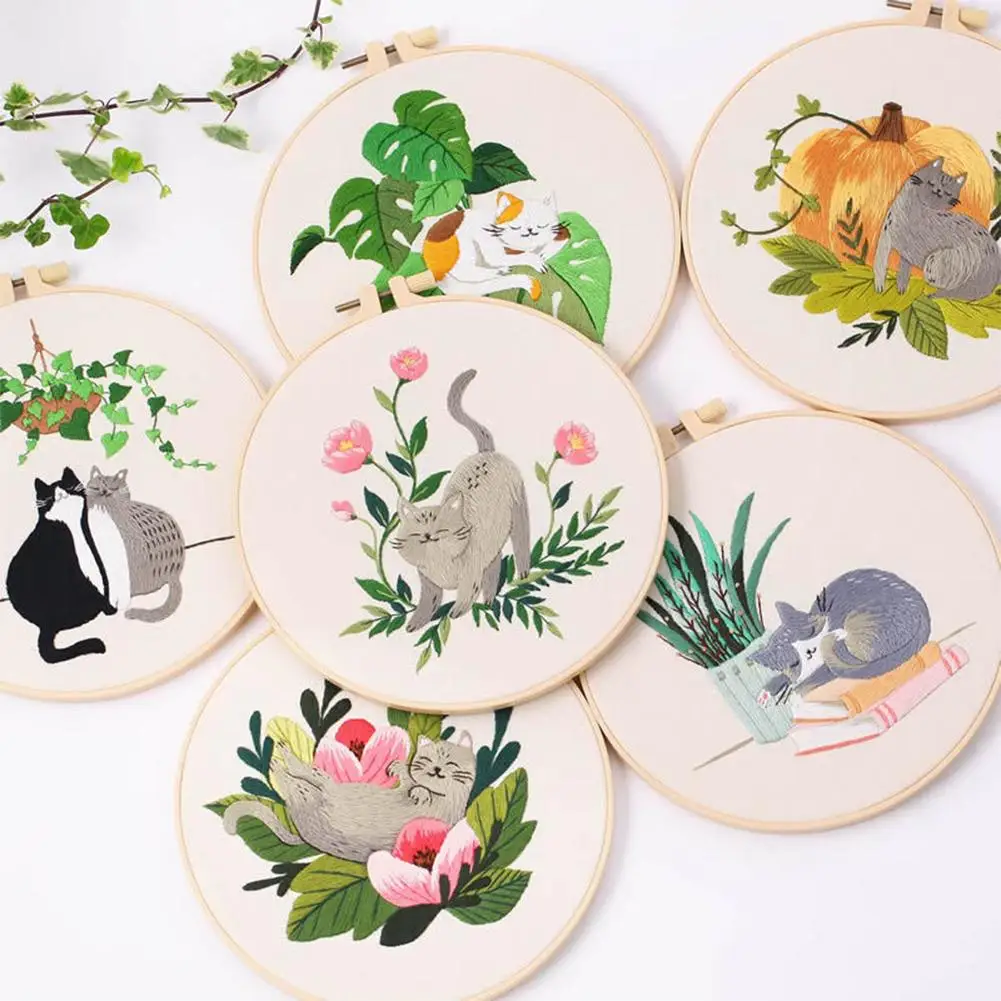 Diy Cat Embroidery Starter Kit Embroidery Hoops Threads Needles Cross Stitch Kits Beginners