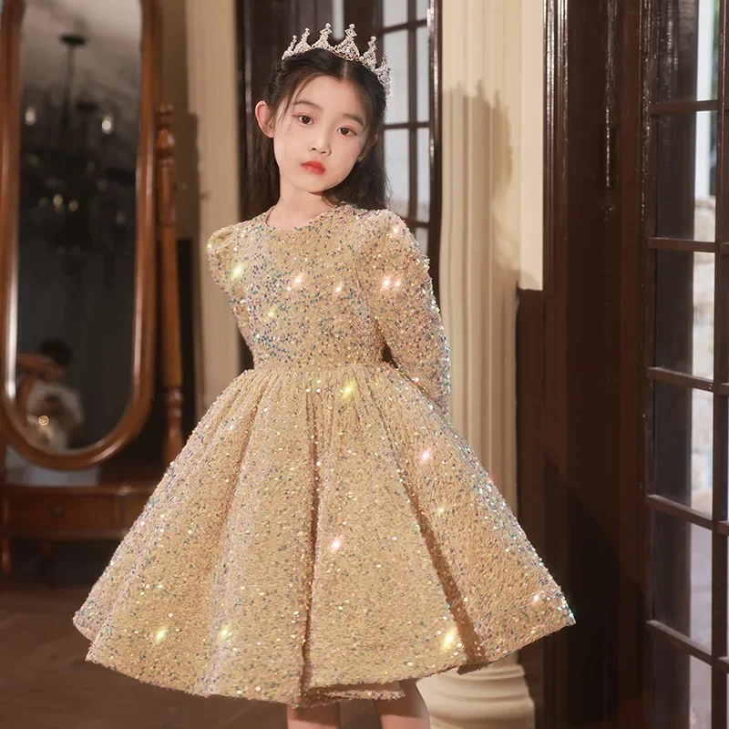 

3-14 Yrs Flower Girls Dress Wedding Birthday Dress Golden Sequin Lace First Communion Dresses for Girls Baptism Party Vestidos