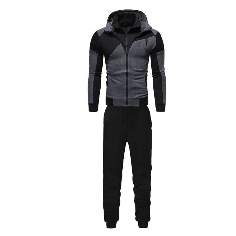 Fashion Double Zipper Splicing Hooded Sweatshirt Men's Casual Sports Suits Elasticated Waist Pants Male Slim Fit Two-piece Sets