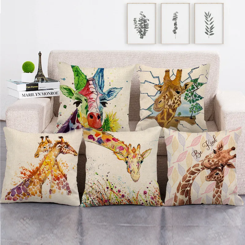 

Cartoon Animals Linen Pillow Cover Giraffe Growing Up Balloon Cushion Cover Home Sofa Car Office Decorative Pillow Case 45x45cm