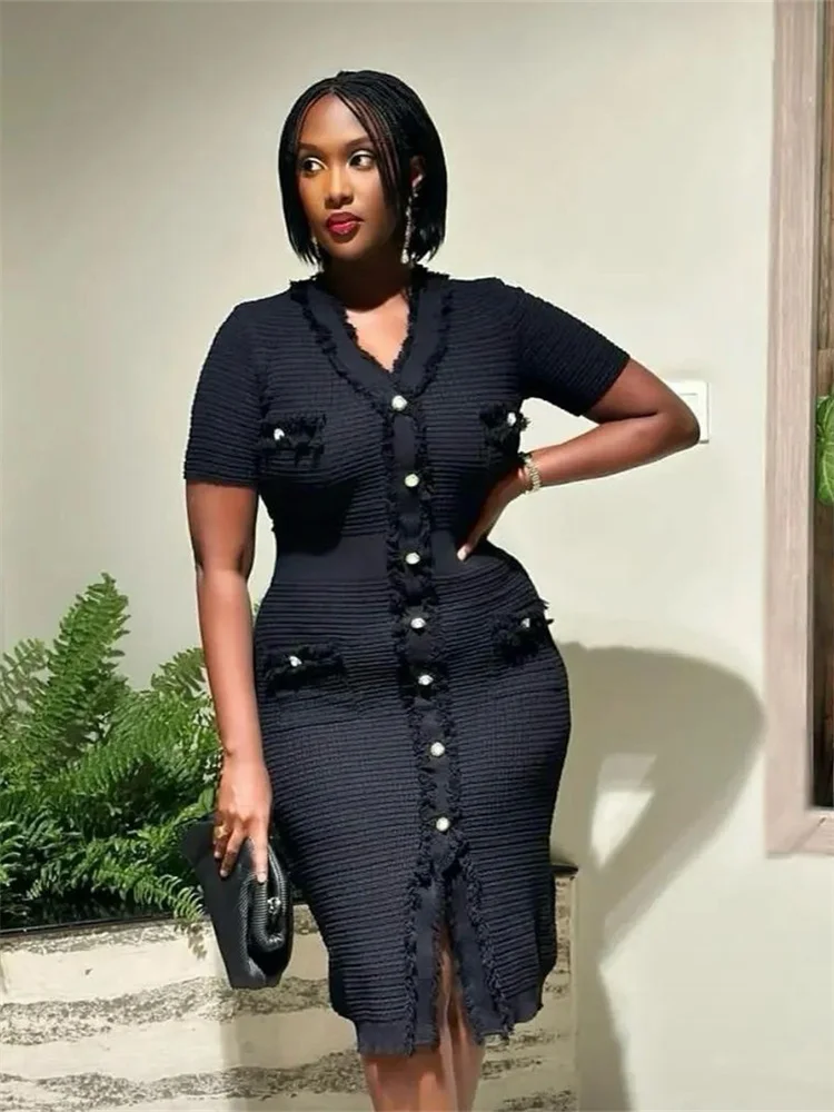 Wmstar Women Dresses Wholesale Summer Short Sleeved, Waist Cinching V-neck Knitted Dress Women's Volleyball Button Elegant Dress