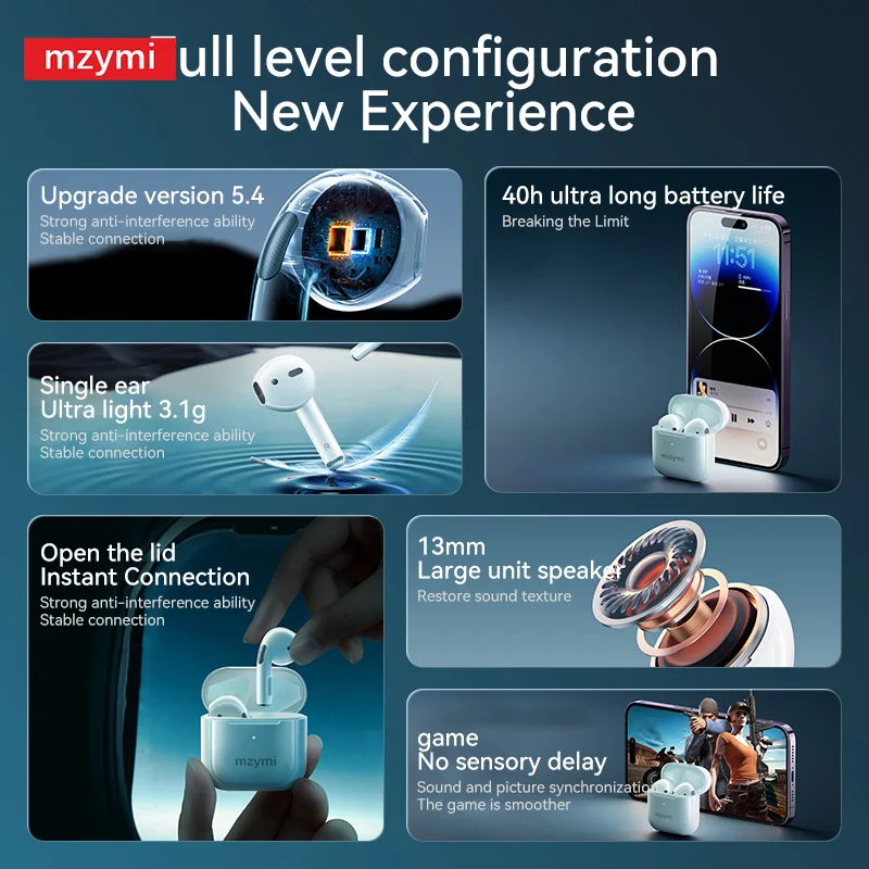 mzymi Bluetooth5.4 Earphone Pro 4 True Wireless Earbuds In Ear Sport Headphones Touch Control Waterproof Gaming Headset Mic