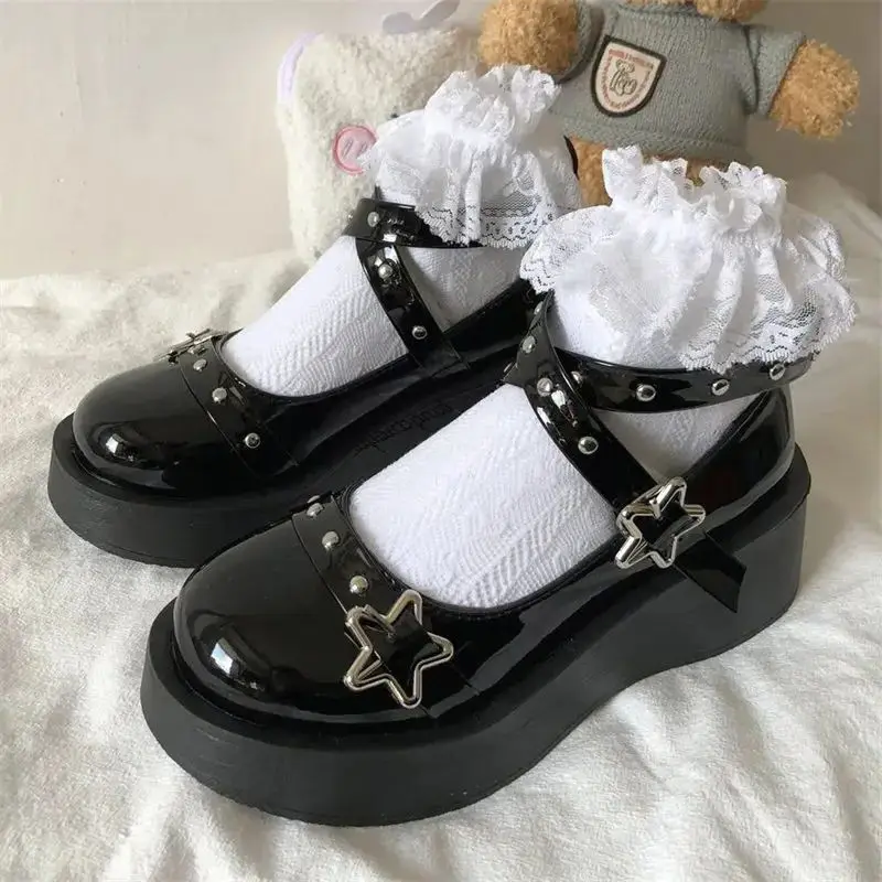 Lolita shoes Women heels platform mary janes Star Buckle Strap Cross-tied Girls Rivet Casual kawaii shoes lolita shoes