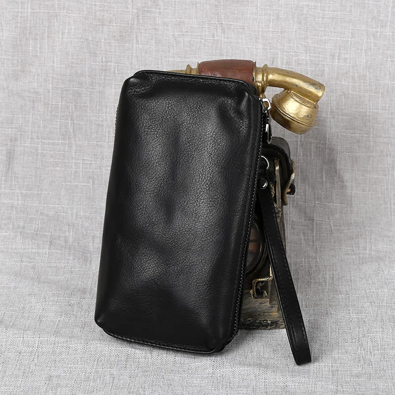 Men's Genuine Leather Retro Casual Wallet - Soft Cowhide with Large Capacity and Zippered Phone Compartment