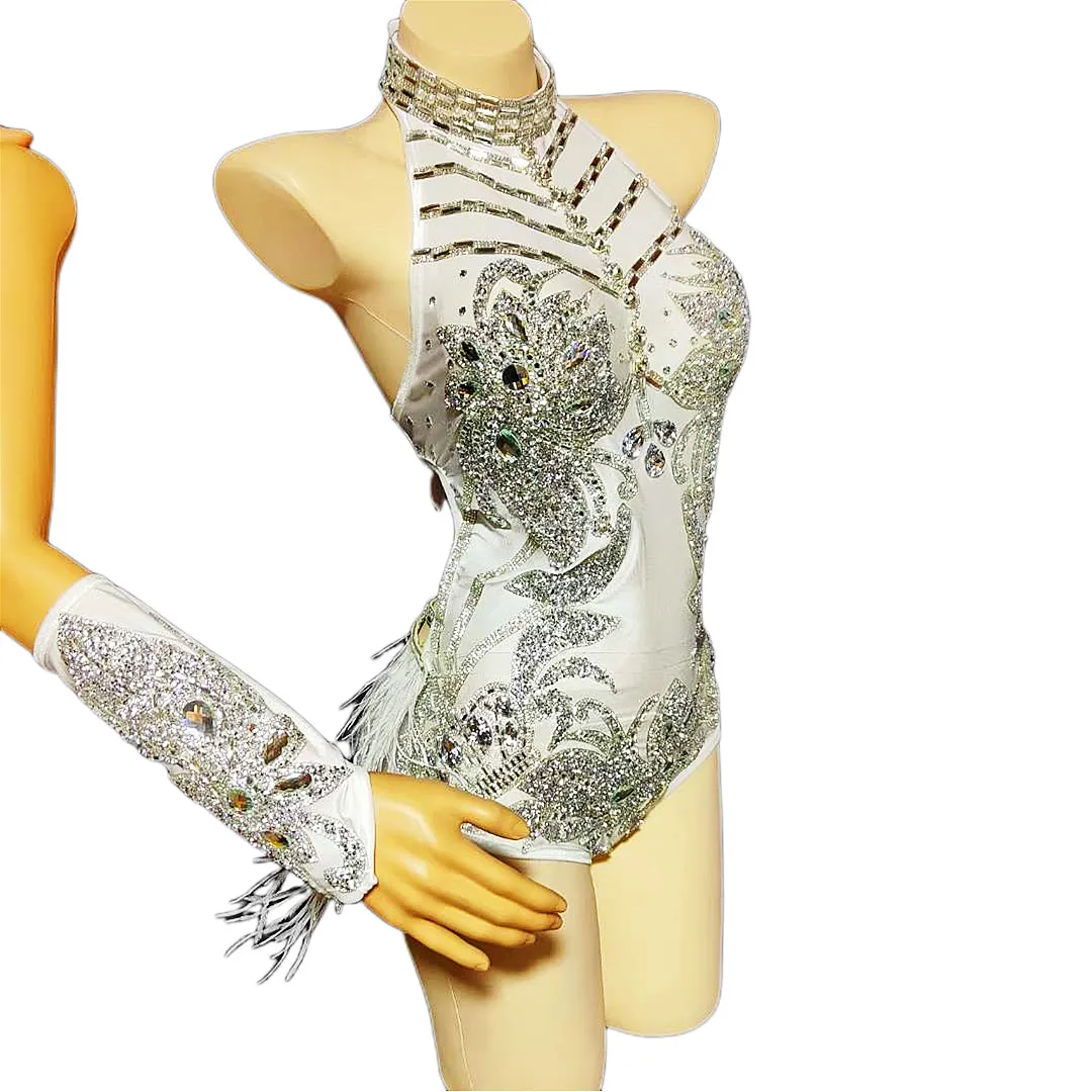 

Neck-Mounted Belt Shining Rhinestones White Sexy Backless Bodysuits Gloves Feathers For Women Nightclub DJ Cloth Stage Costumes