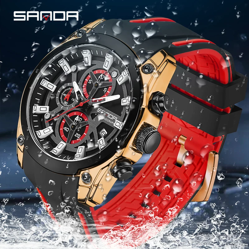 2023 New Quartz Silicone Waterproof Three Eyes Six Pin Fluorescent Watch Fashion Simple Calendar Pin Scale Sanda 5307